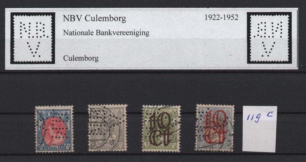 Perfins Nederland  - - -   Perfin  NB/V  Culemborg, Postzegels en Munten, Ophalen of Verzenden, T/m 1940, Gestempeld