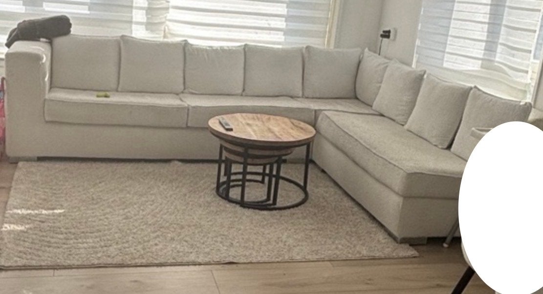 Hoekbank en 6 eetkamerstoelen van bouclé stof, Ophalen, Gebruikt, Hoekbank, Stof