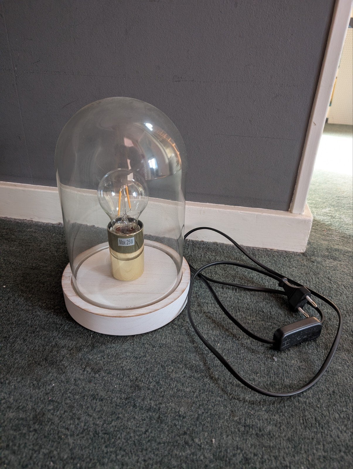 Glazen stolp lamp met houten voet, Ophalen, Wit, Overige merken, E27 (groot)