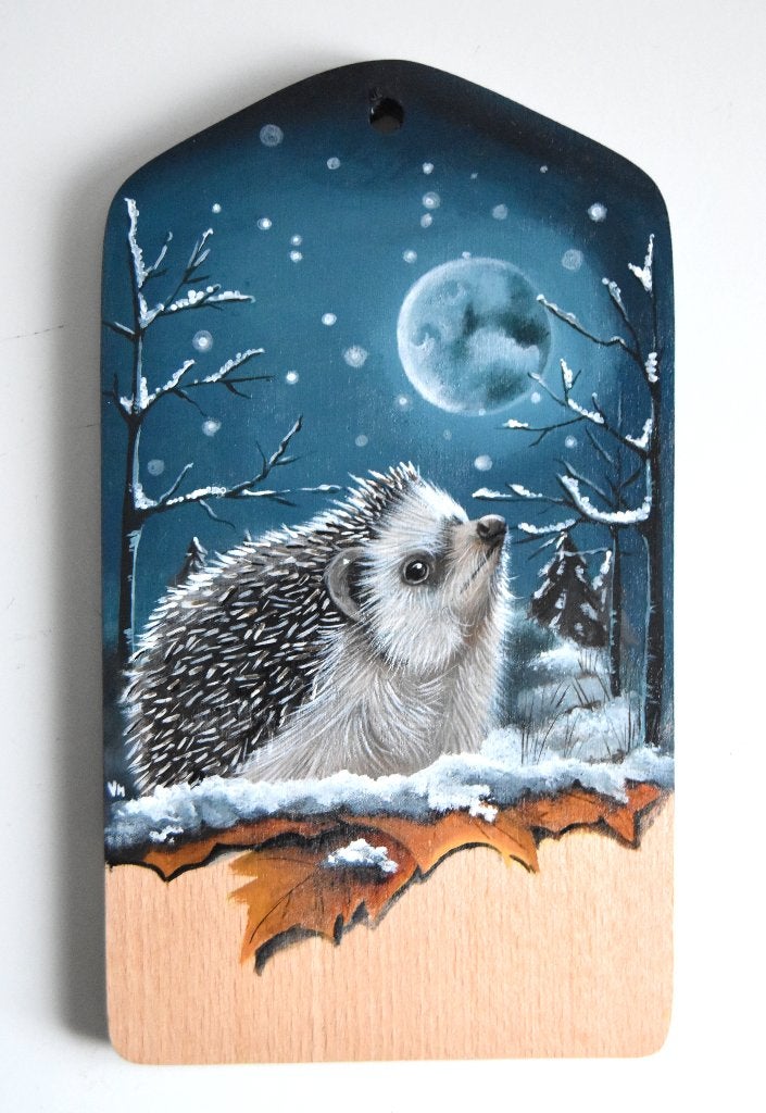 Egeltje in de winter, hand geschilderd op een houten plankje, Antiek en Kunst, Ophalen of Verzenden