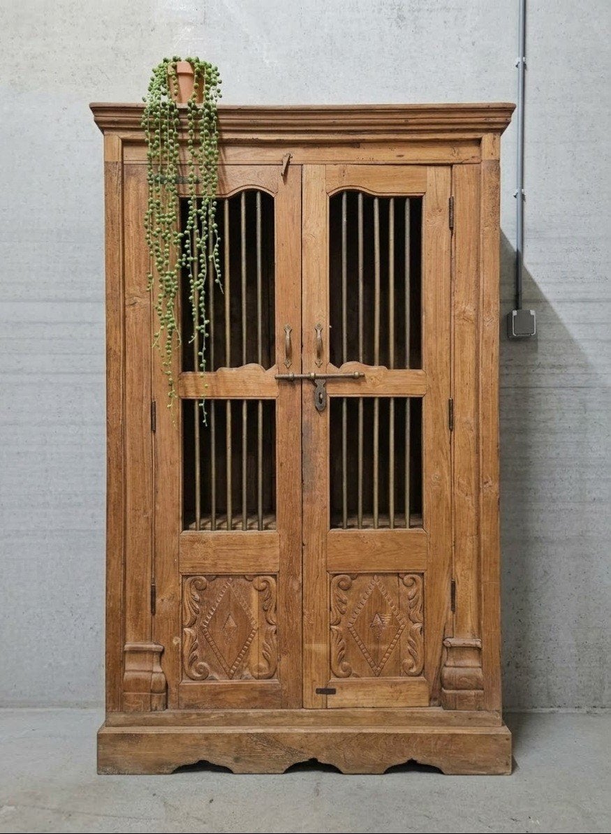 Antieke XL teakhouten authentieke spijlenkast vintage kast, Ophalen of Verzenden