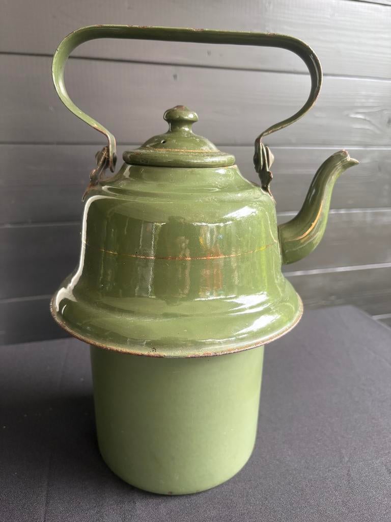 Vintage emaille ketel met beugel-groen-brocante, Ophalen of Verzenden