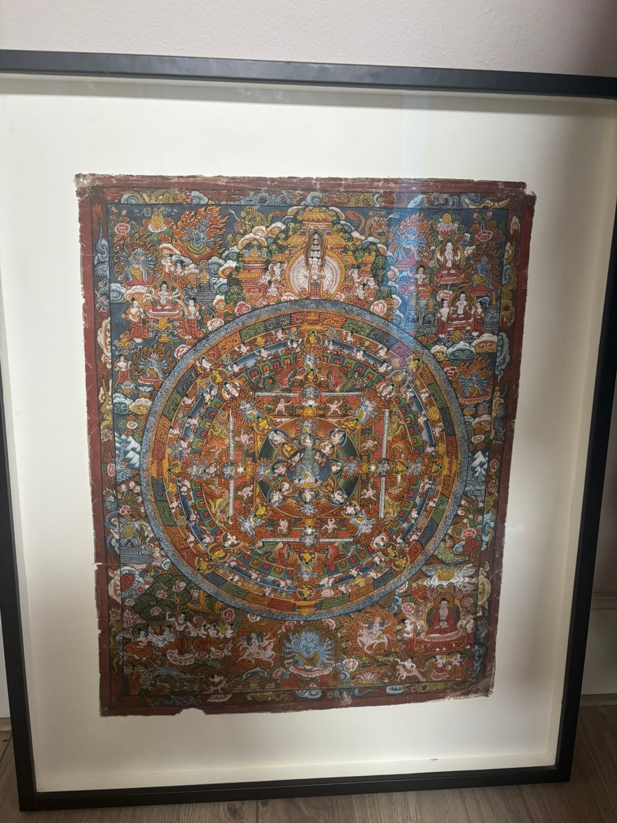 Ingelijste Thangka. Boeddistische kunst. Handgeschilderd, Meerkleurig, Handgemaakt, Tibet, Ophalen
