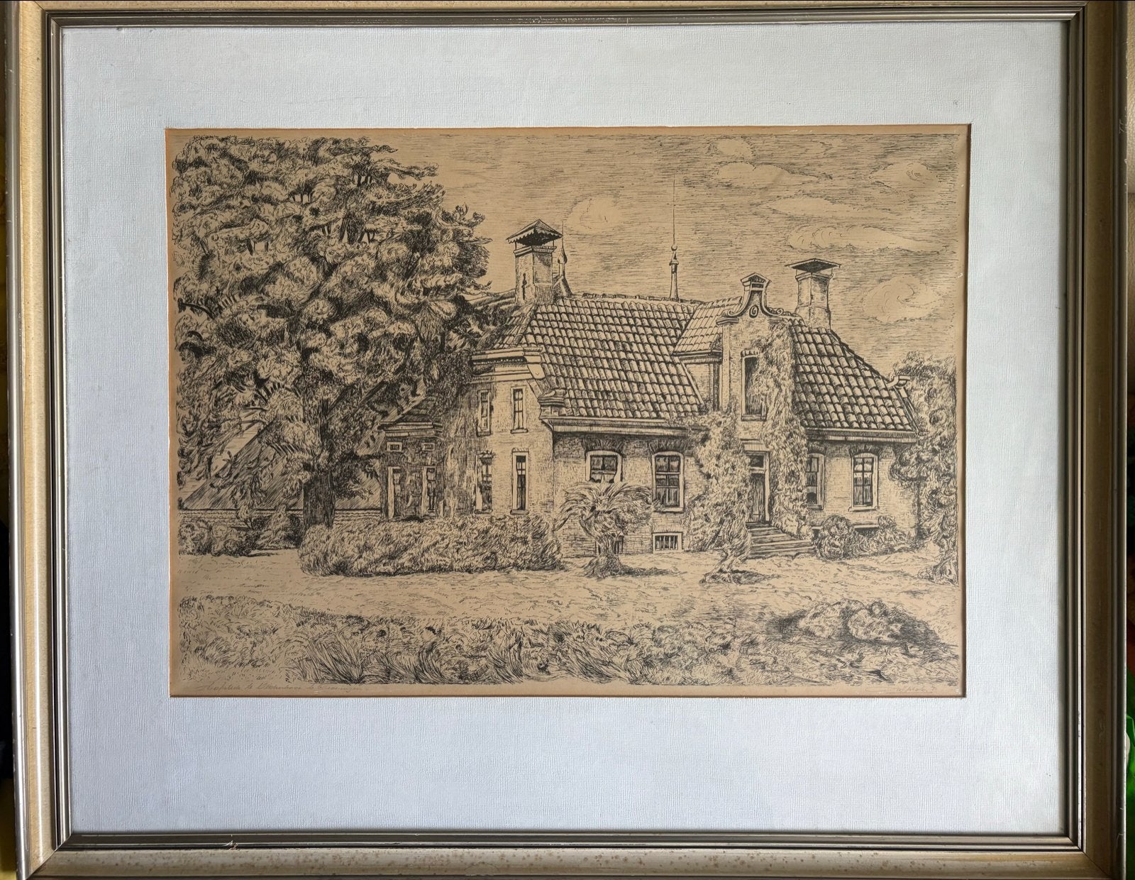 Antieke Ets: Hofstede te Oldehove , Groningen, Antiek en Kunst, Architectuur, Gesigneerd, 1900 - 1949, Verzenden