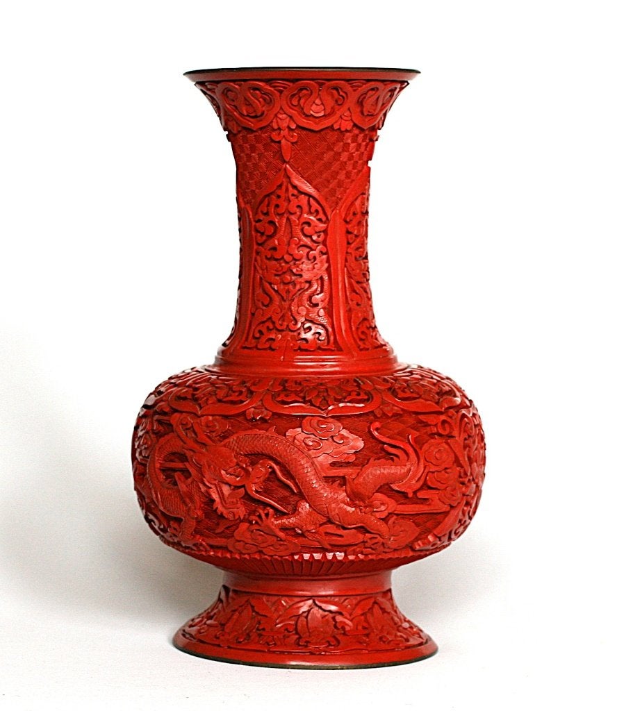Bronzen Cinnabar Draken Vaas, Antiek en Kunst, China, 30 cm, Vaas, Handgemaakt
