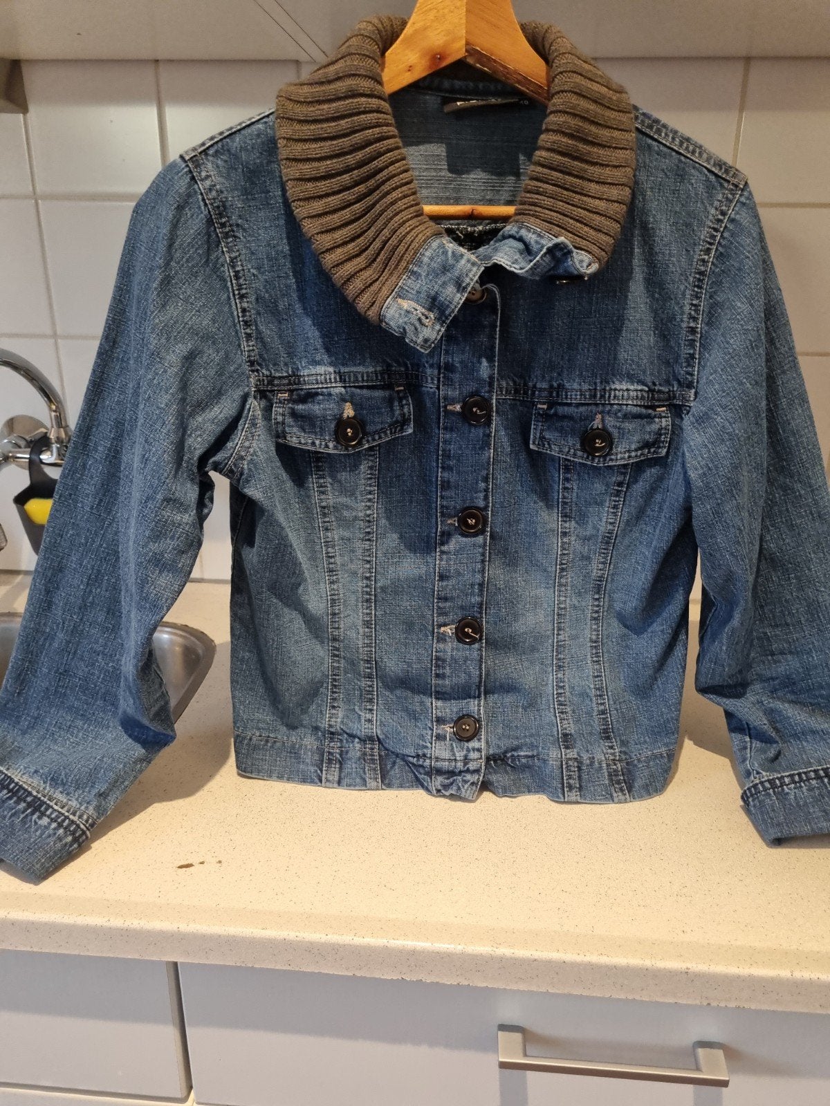 Promiss spijkerjasje met gebreide kraag - Maat 40, Maat 38/40 (M), Promiss, Blauw, Ophalen of Verzenden