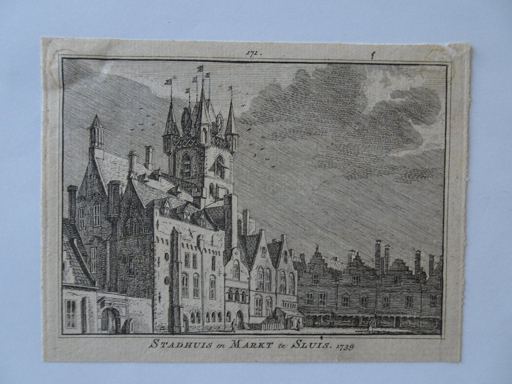 gravure stadhuis en markt Sluis, Spilman n. de Haen 1739, Antiek en Kunst, Kunst | Etsen en Gravures, Stadsgezicht, Ophalen of Verzenden