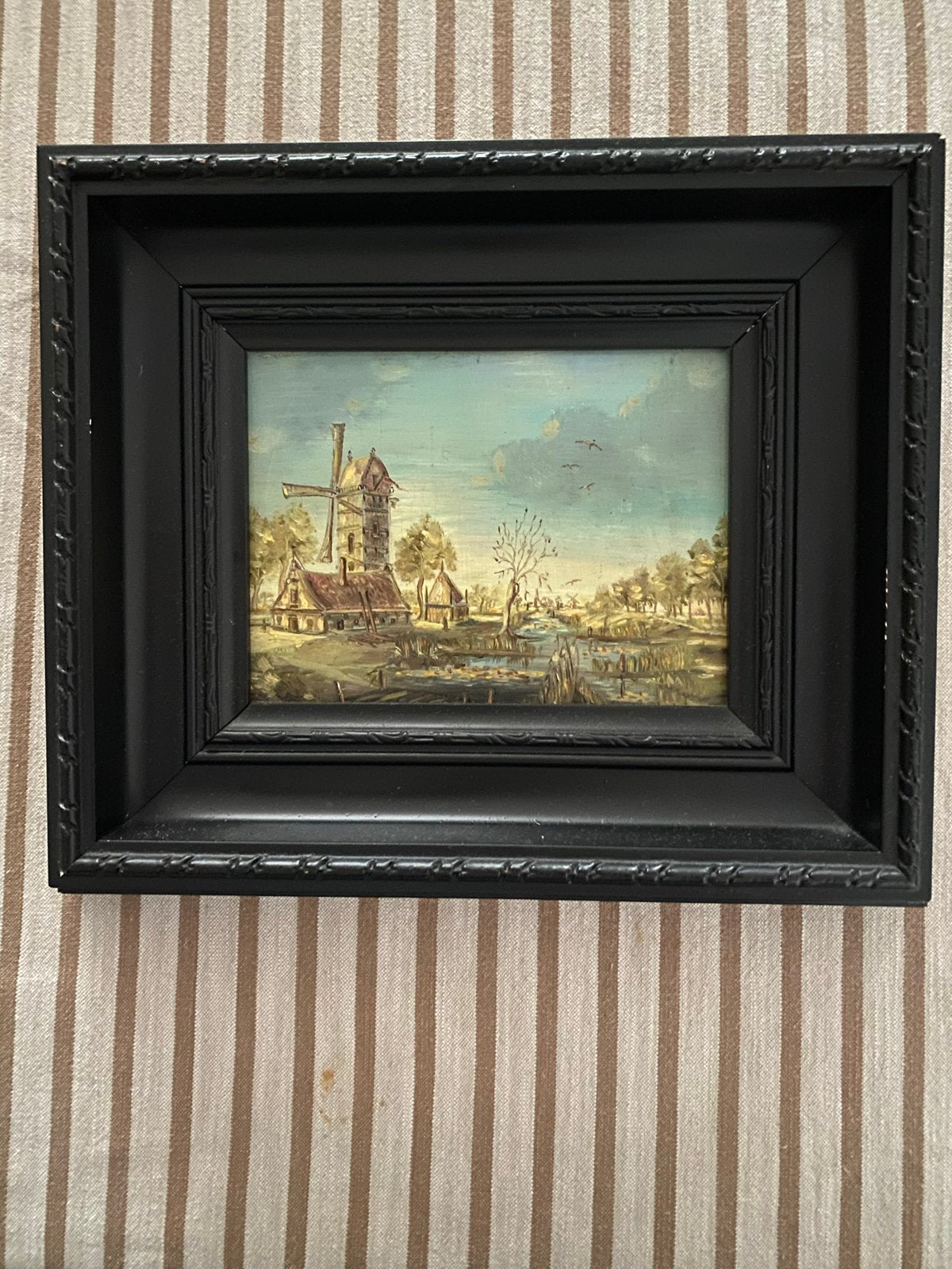 Schilderij in lijst met molen en landschap 30x25 cm, Paneel, Ophalen of Verzenden, Landschap, Olieverf