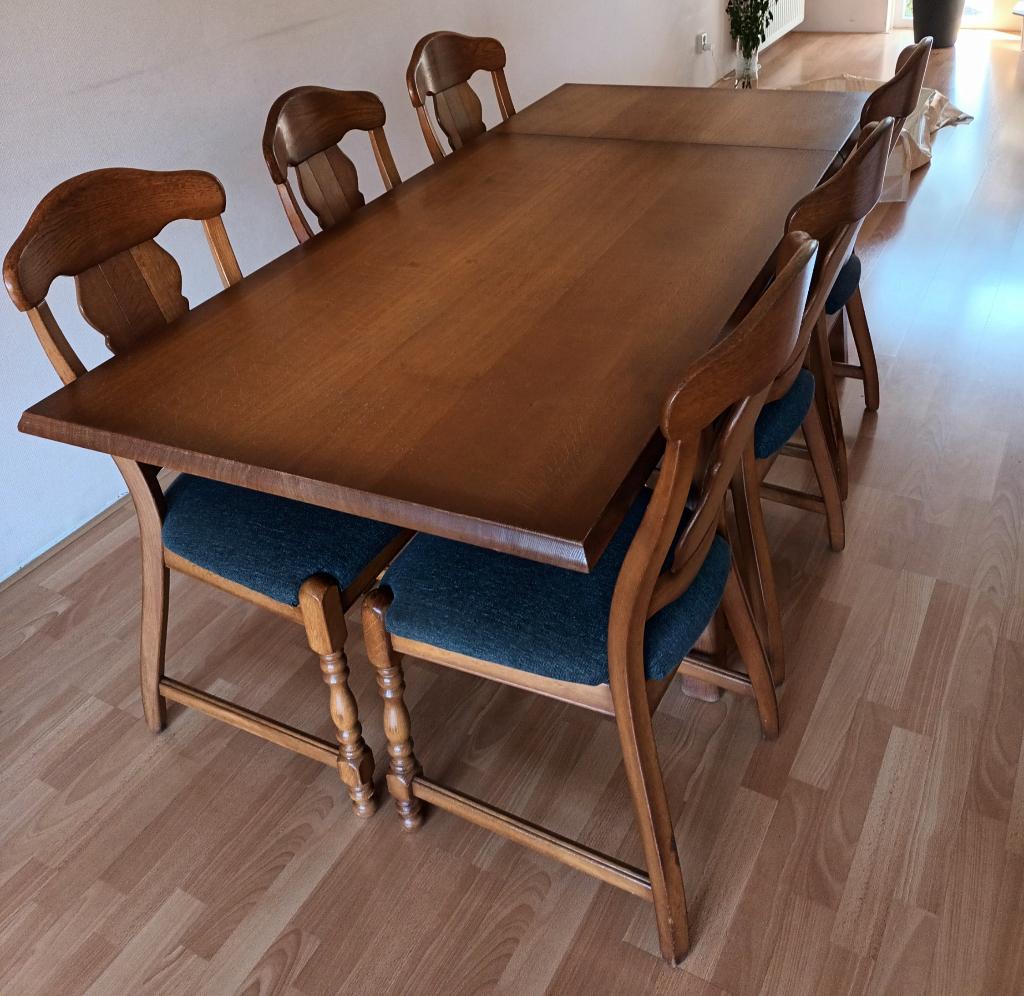 Eettafel uitschuifbaar Blank eiken patiné met 6 stoelen, Huis en Inrichting, Tafels | Eettafels, Ophalen, Gebruikt, 100 tot 150 cm