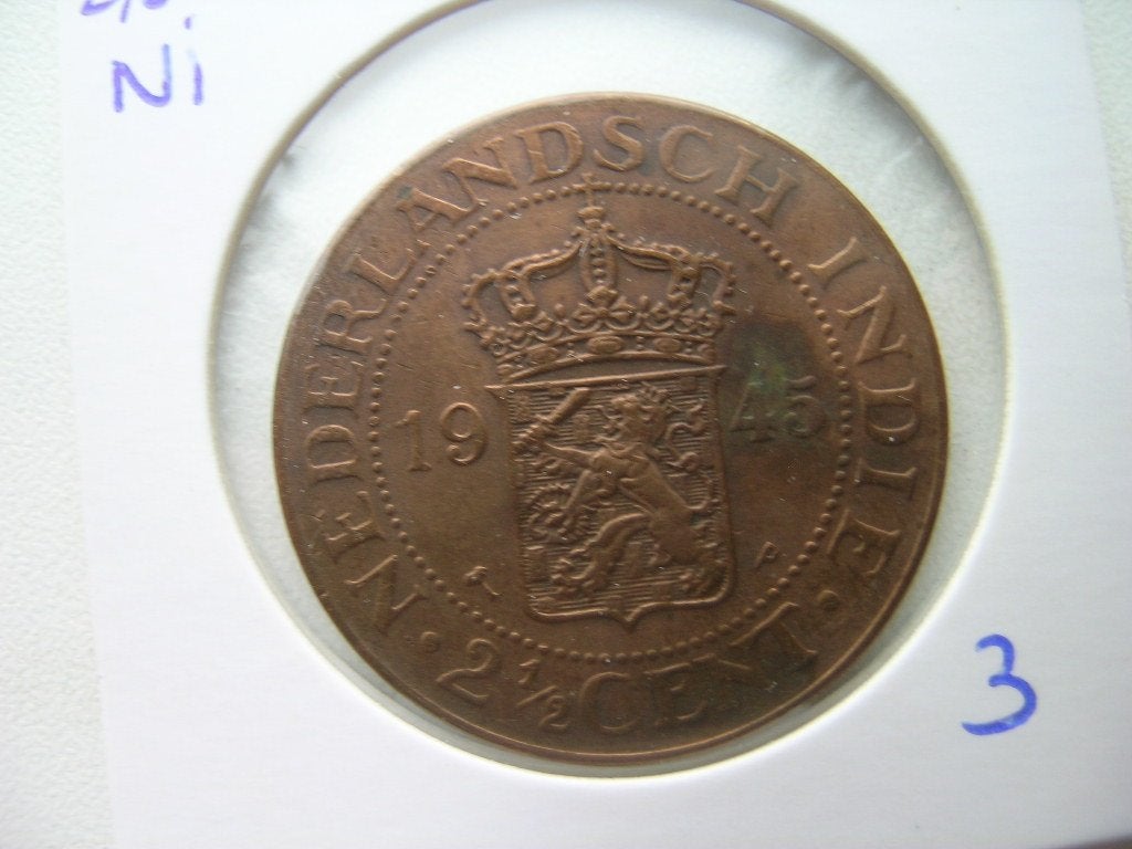 2,5 Cent 1945 Nederlands Indie (nr 3), Ophalen of Verzenden, Koningin Wilhelmina, Overige waardes, Losse munt