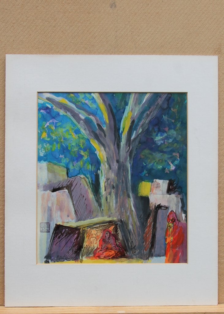 Aquarel van Cees Bantzinger met tafereel uit Azië, Antiek en Kunst, Passe-partout, Aquarel, Overig onderwerp, Papier/karton