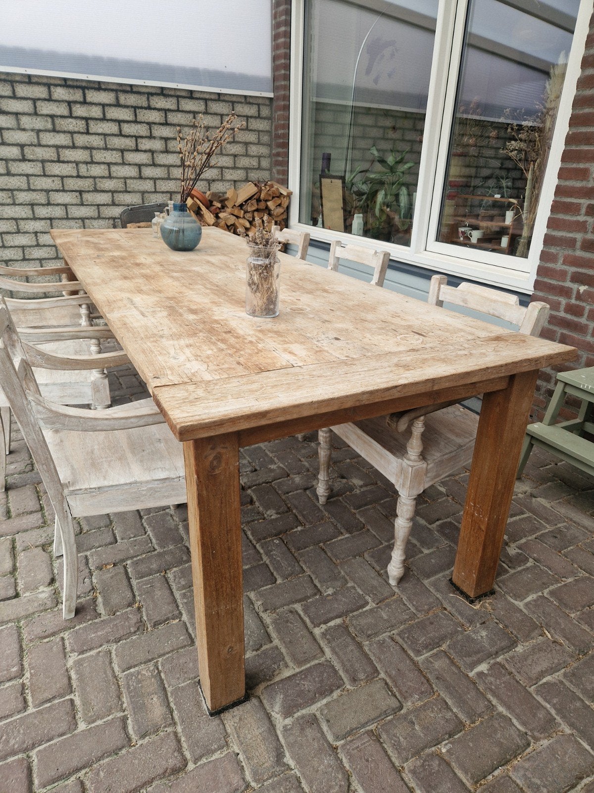Eikenhouten eettafel met eventueel stoelen, Ophalen, Landelijk, Rustiek, 200 cm of meer, 50 tot 100 cm