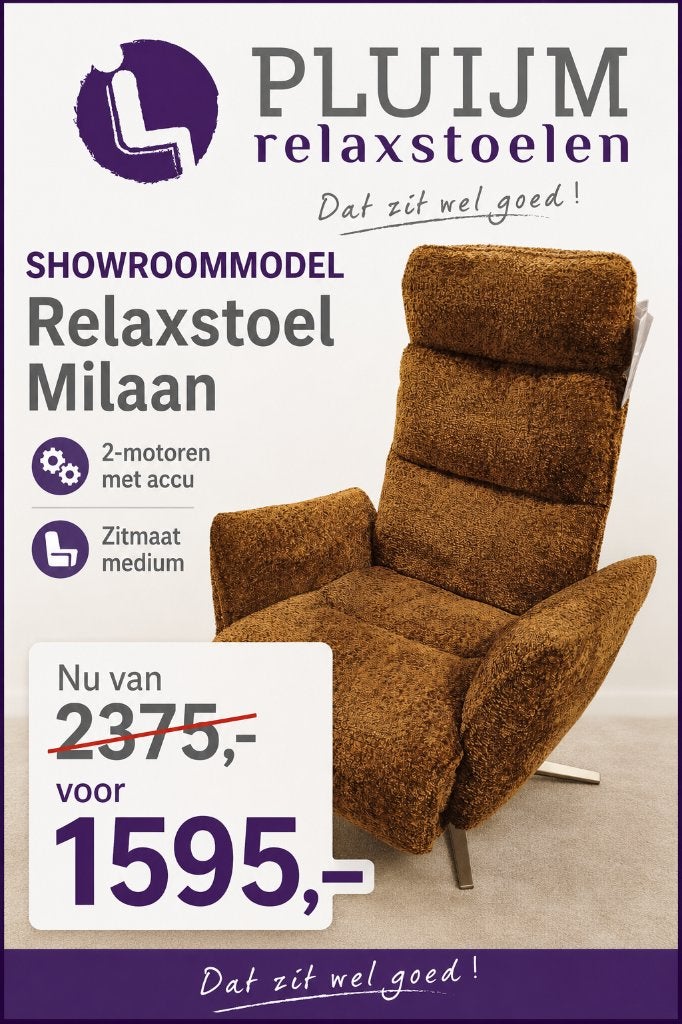 relaxstoel Milaan 2-motoren, Huis en Inrichting, Ophalen of Verzenden, Nieuw, Stof, Minder dan 50 cm