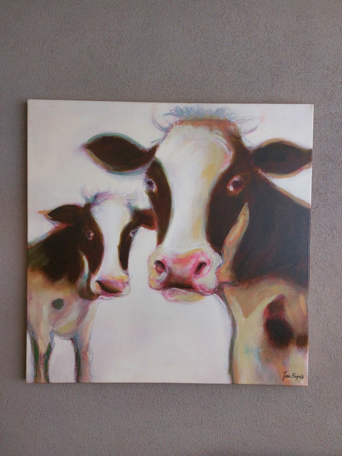 Groot schilderij "Koe met Kalf" van Joan Engels - 100x100 cm, Ophalen