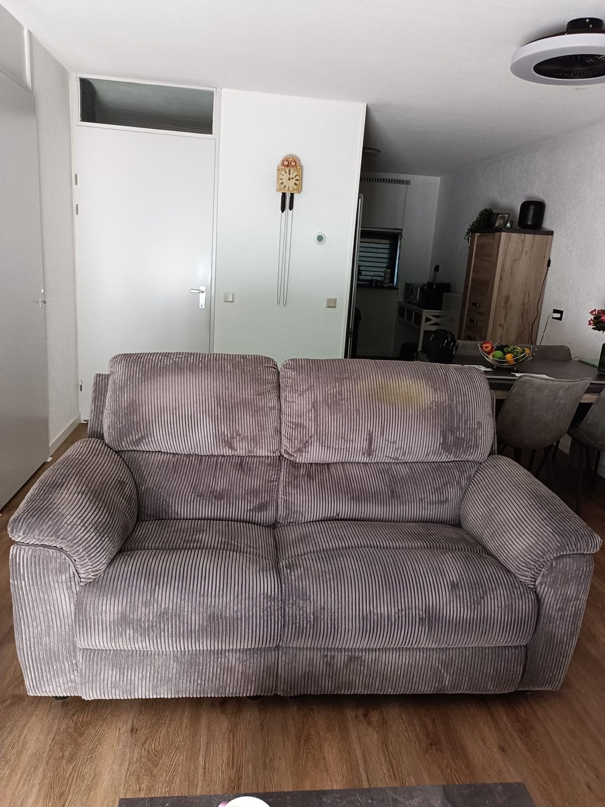 Comfortabele 2-zits bank, ribstof, grijs 2 x, Ophalen, Gebruikt, 150 tot 200 cm, Tweepersoons