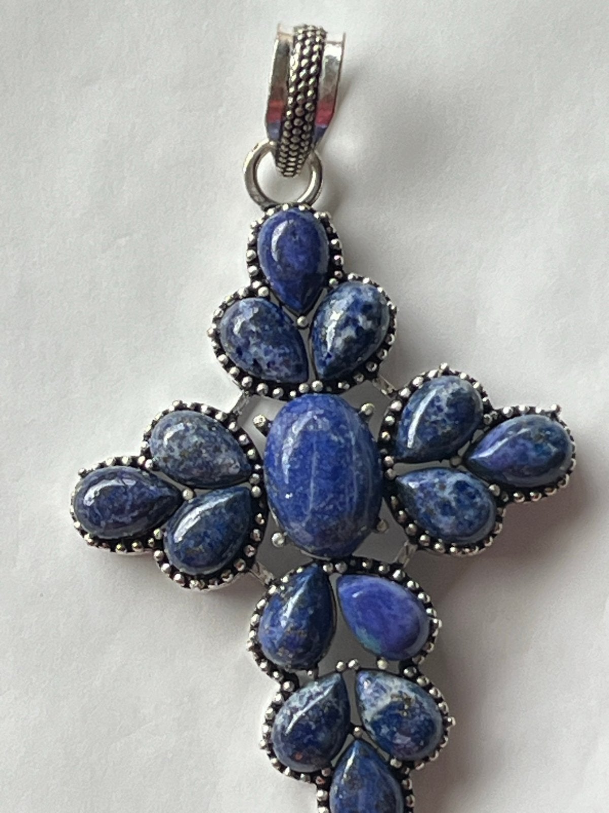 Grote zilveren hanger Kruis met Lapis Lazuli - Gekeurd 925, Zo goed als nieuw, Zilver, Verzenden, Blauw