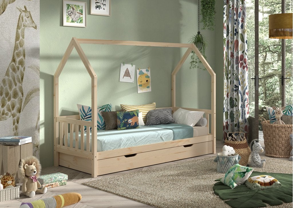 Cabane huisbed met hekje - 90x200 - Naturel, Niet ingevuld, Niet ingevuld, Niet ingevuld