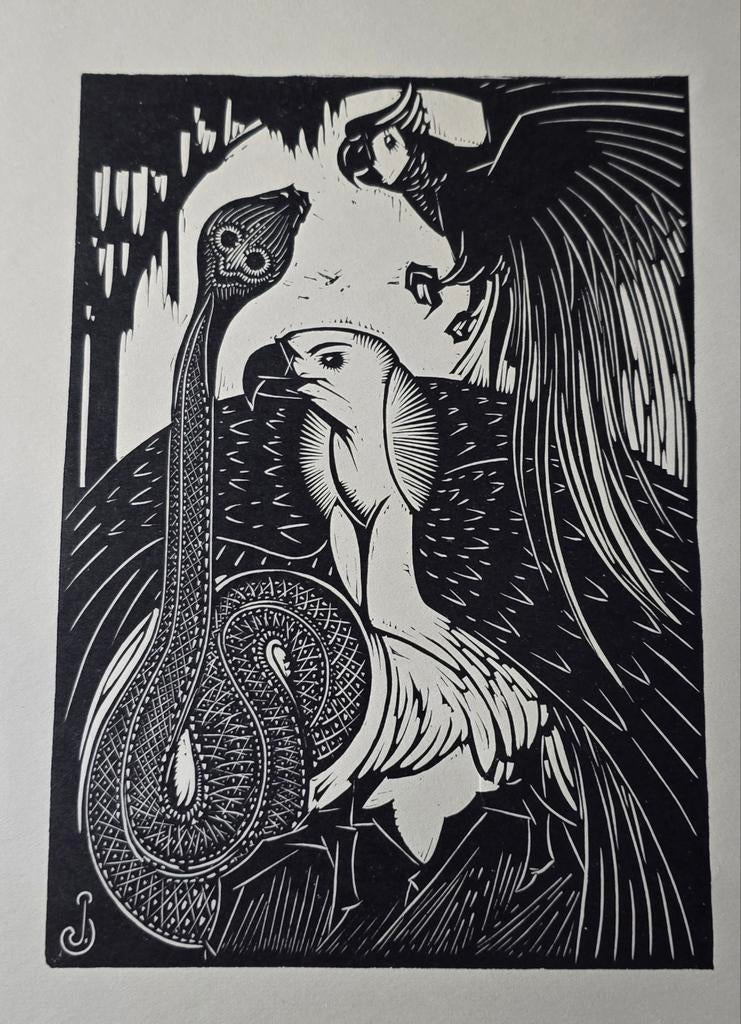 Prachtige houtsnede, Jan Schonk (1889-1976), Antiek en Kunst, Kunst | Etsen en Gravures, Houtsnede, Met monogram, Flora en Fauna