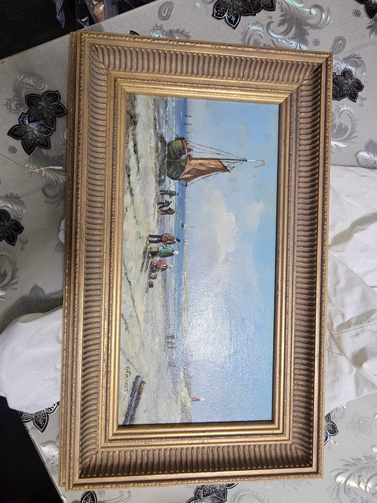 Schilderij Scheveningen met vuurtoren en vissersboot, Ophalen