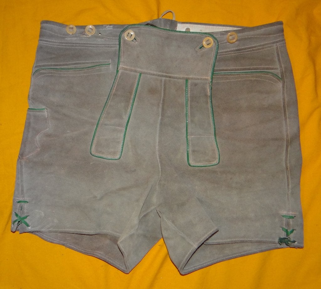 Mooie grijs/groene LEDERHOSE/TIROLER broek (echt leer), Maat 52/54 (L), Carnaval, Ophalen of Verzenden, Kleding