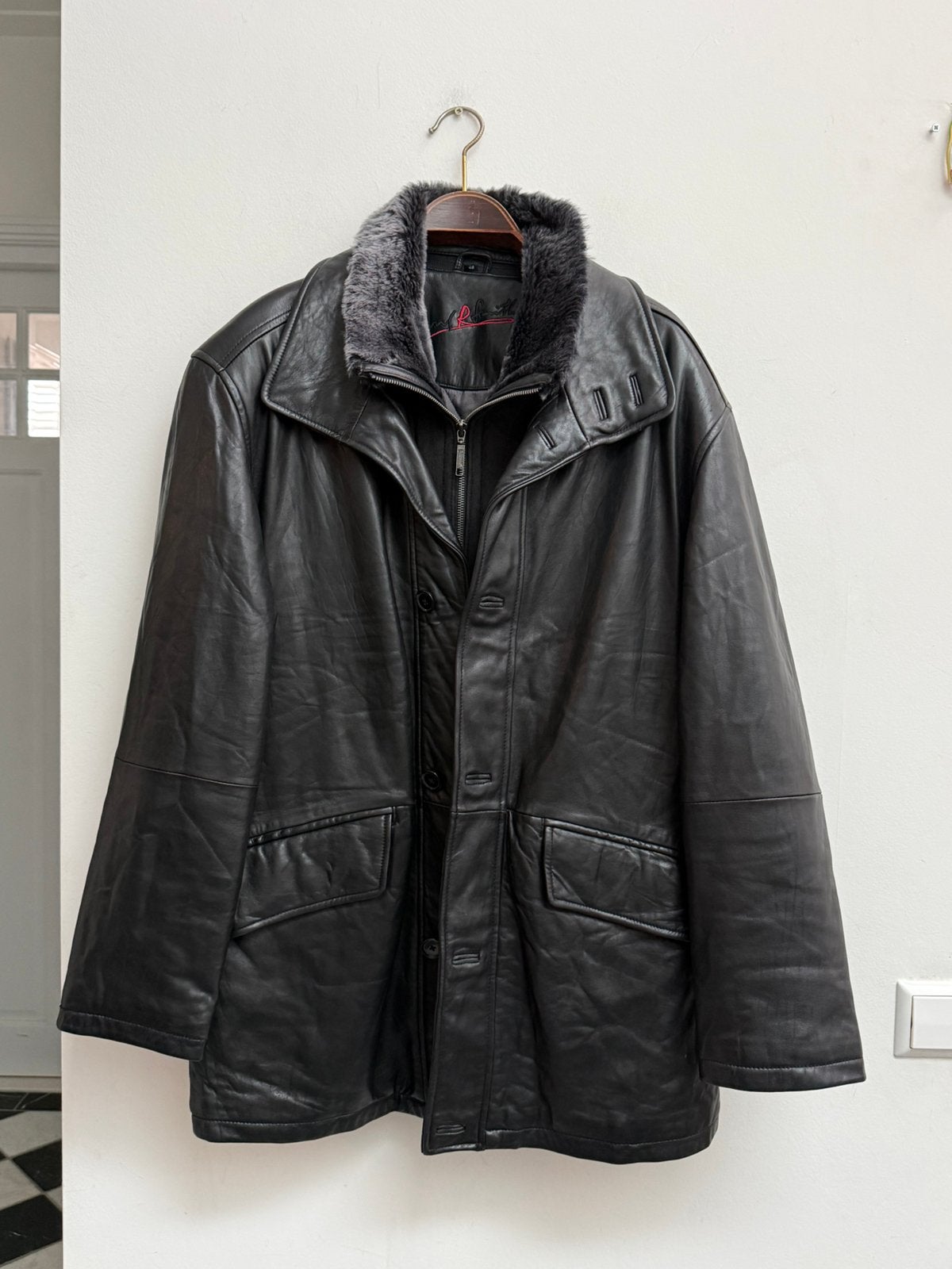 Echt Leren Jas Zwart Faux Fur Kraag, Ophalen of Verzenden, Zo goed als nieuw, Maat 52/54 (L), Zwart