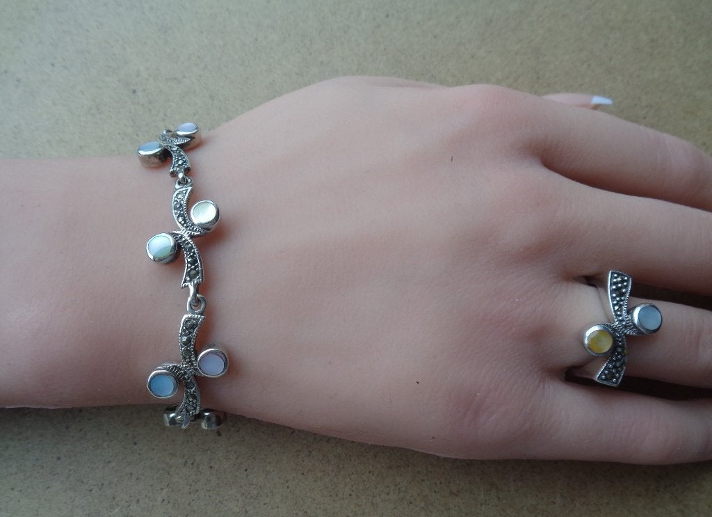 zilveren set met parelmoer en makasiet [1123], Met kristal, Verzenden, Zo goed als nieuw, Zilver