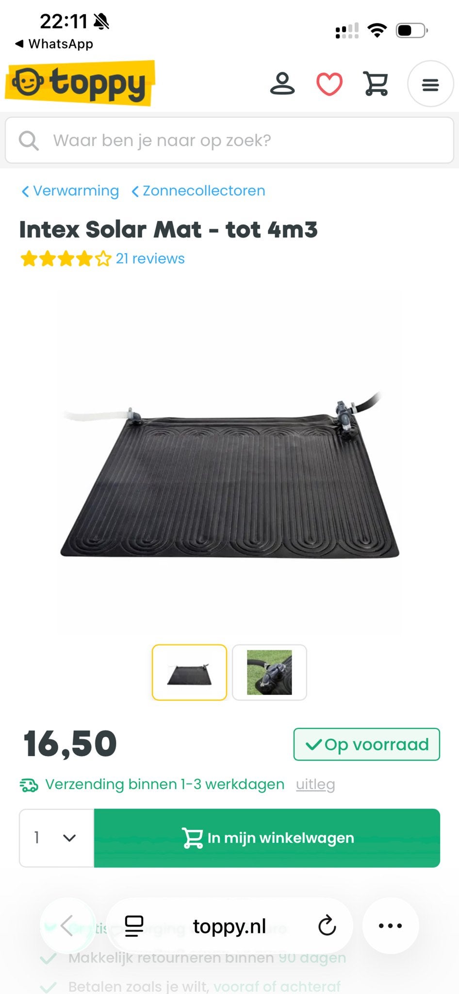 Intex Solar Mat - Zonnecollector voor zwembad tot 4m³, Ophalen, Zo goed als nieuw