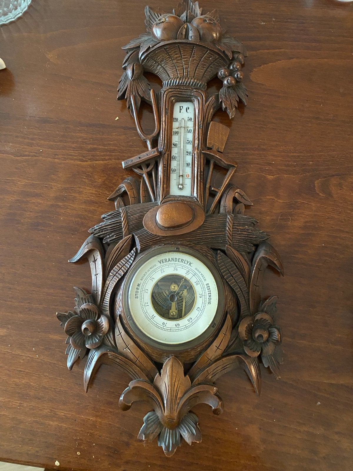 Antieke Barometer met Thermometer - Houtsnijwerk, Ophalen of Verzenden, Gebruikt, Barometer