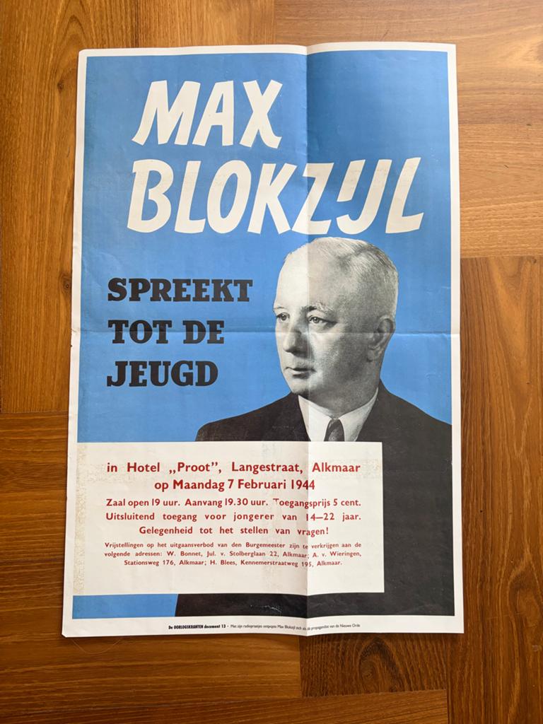 Oorlogsposter Max Blokzijl Spreekt tot de Jeugd, Ophalen of Verzenden, A1 t/m A3, Overige onderwerpen, Rechthoekig Staand