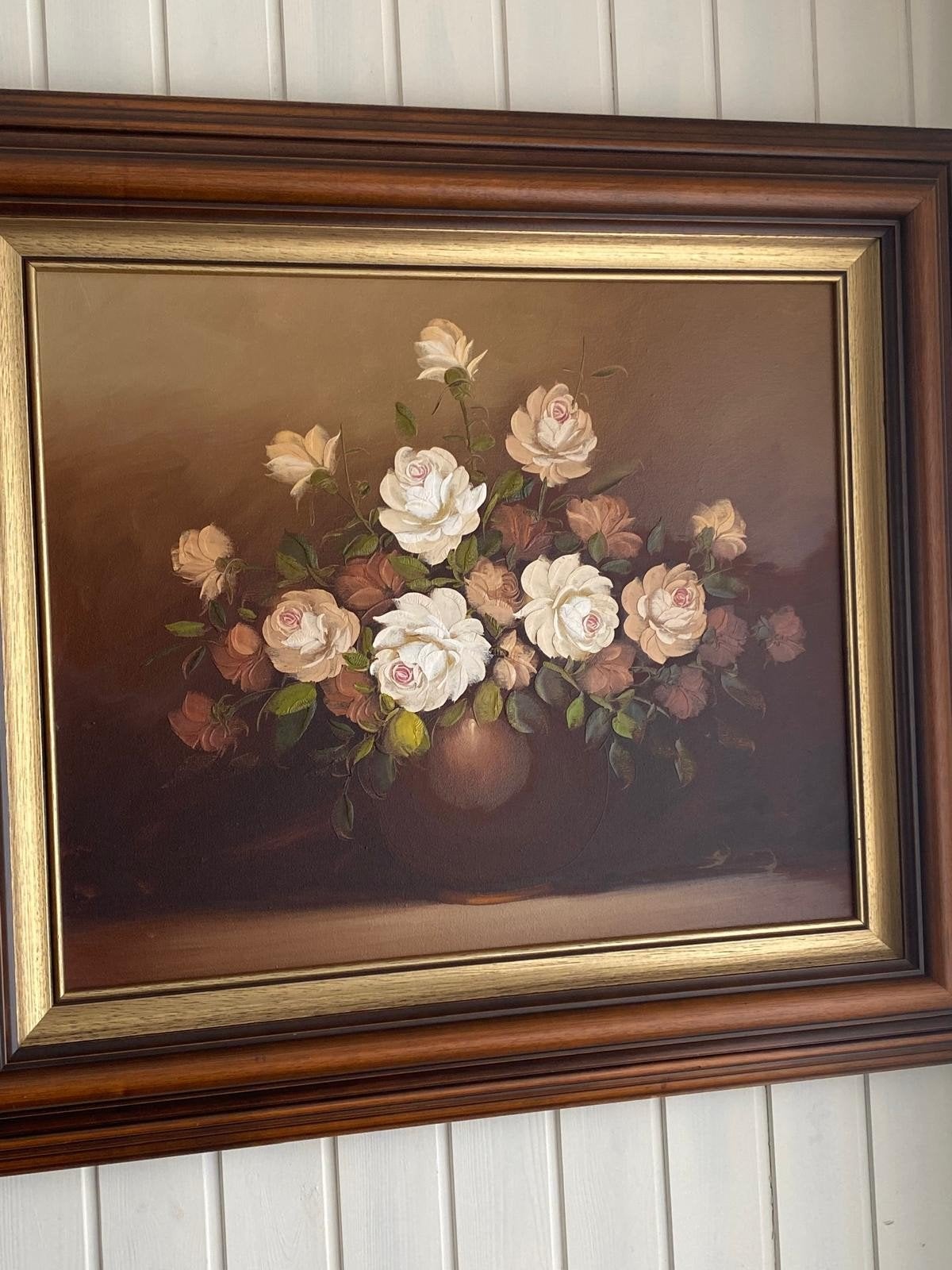 Olieverf schilderij op linnen met prachtige lijst, Ophalen, Olieverf, Bloemen, Doek