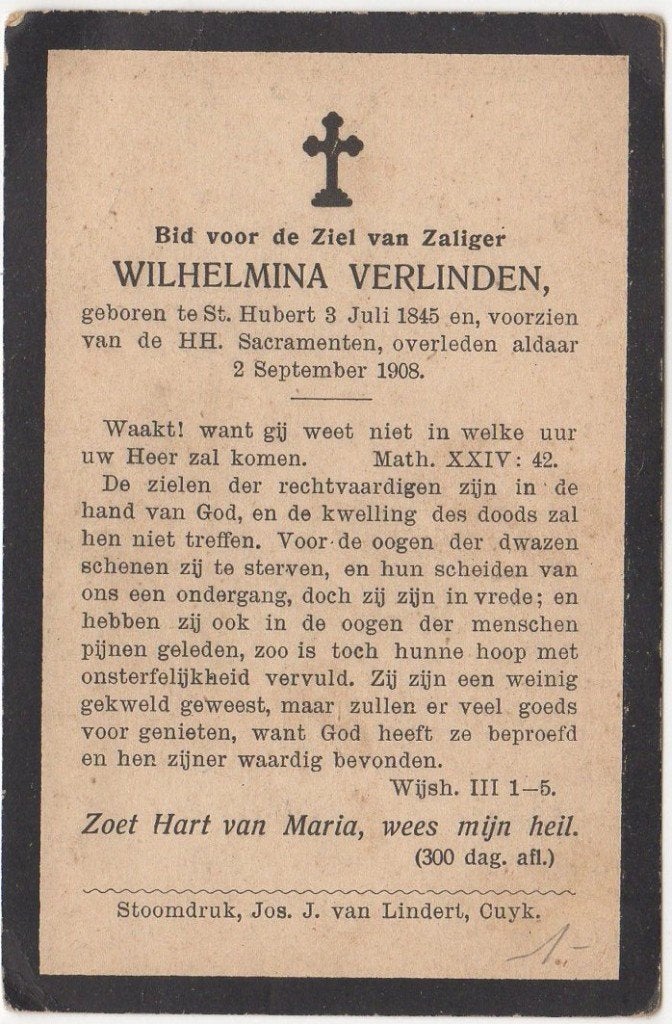 Wilhelmina Verlinden 1845 St. Hubert + 1908 St. Hubert 63 jr, Ophalen of Verzenden