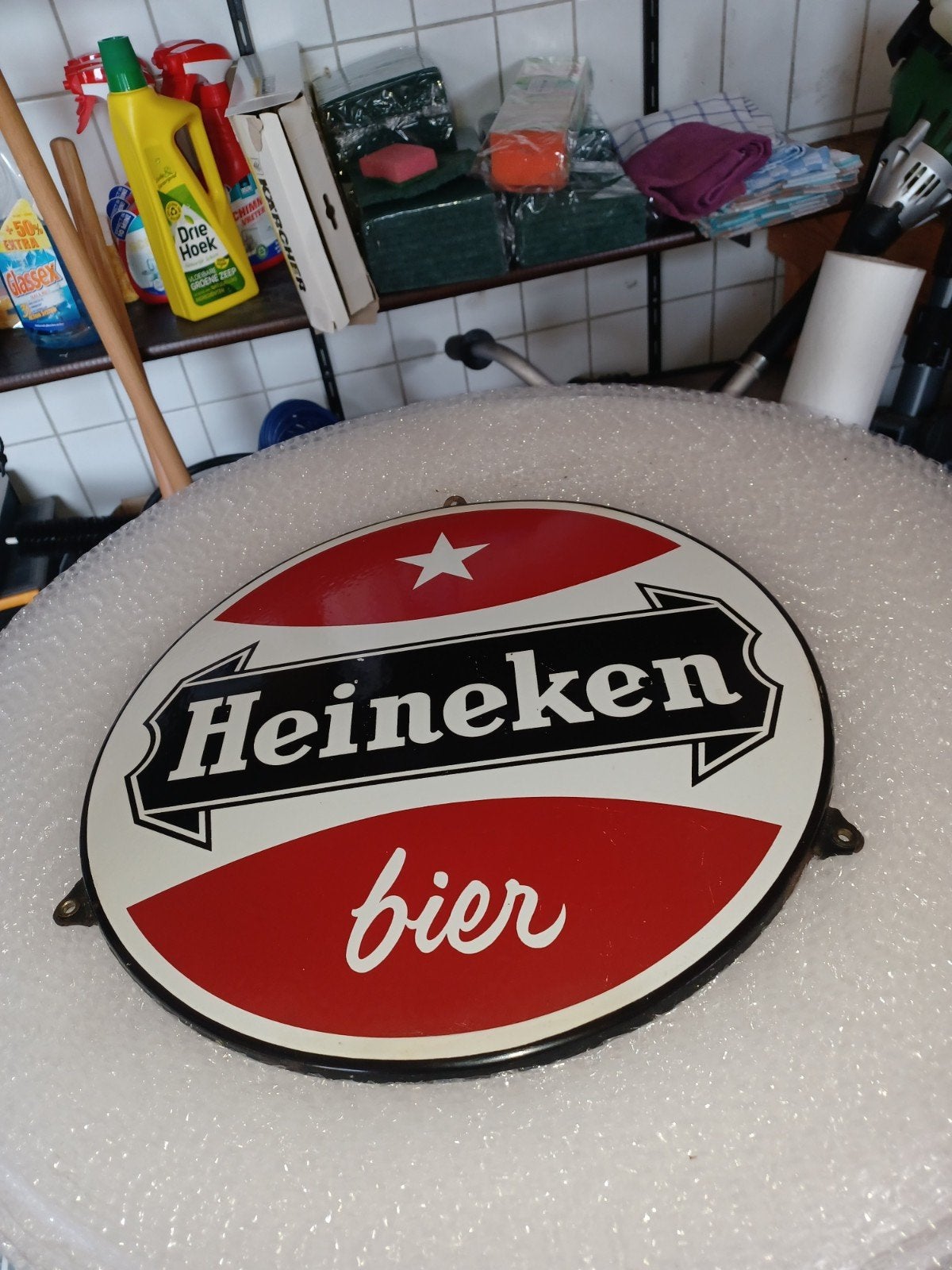 Emaille reclamebord Heineken Bier. 38 cm., Verzamelen, Ophalen, Gebruikt, Reclamebord