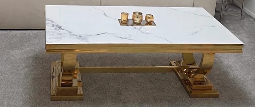 Luxe salontafel met marmerlook blad en gouden onderstel, Ophalen, 100 tot 150 cm, 50 tot 100 cm, Zo goed als nieuw