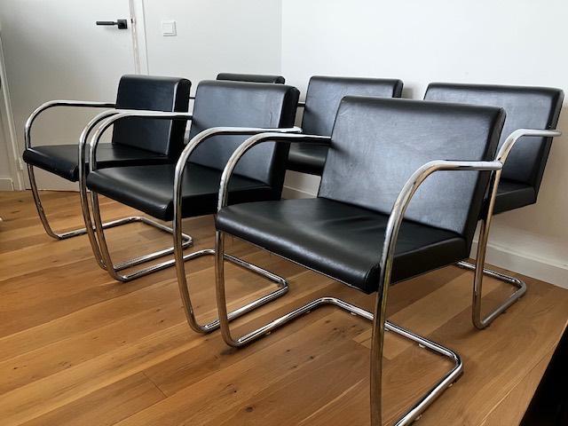 6x Mies van der Rohe Brno stoelen – By Fasem Italy (vintage), Huis en Inrichting, Ophalen, Gebruikt, Zwart, Leer
