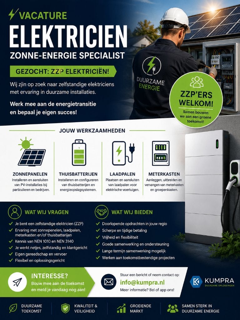 GEZOCHT: ZZP ELEKTRICIENS (M/V) – DUURZAME ENERGIE, Variabele uren, Overige niveaus, Vanaf 1 jaar, Overige vormen