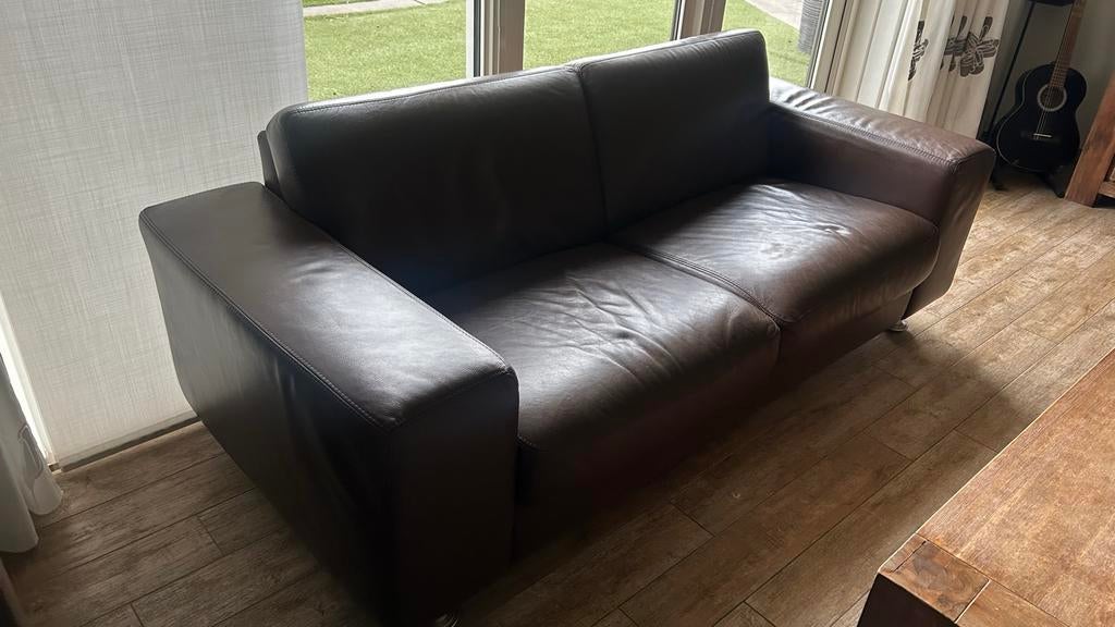 Comfortabele bruine leren banken (2-zits en hoekbank), Huis en Inrichting, Ophalen, 250 tot 300 cm, Gebruikt, 100 tot 125 cm