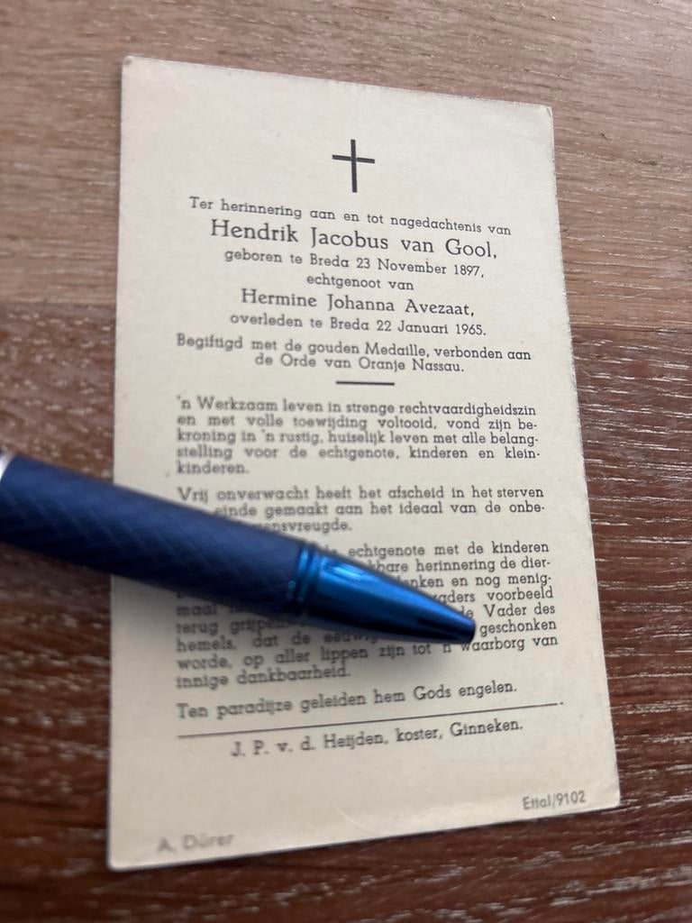 Gool van Hendrik 1897 Breda 1965 Breda x Avezaat - E01348 -, Ophalen of Verzenden, Bidprentje