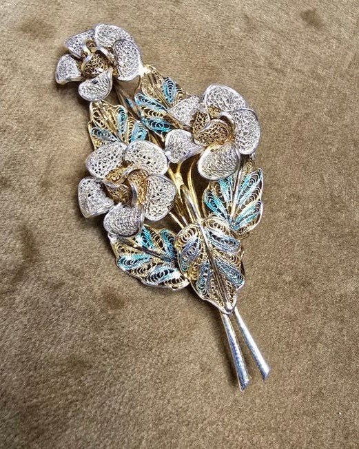 prachtige oude broche filigraan, emaille deels verguld, Verzenden, Zo goed als nieuw, Zilver
