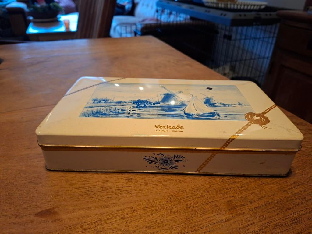 Vintage Verkade blik met molens en zeilboot, Verzamelen, Blikken, Ophalen, Gebruikt, Koek(jes), Verkade