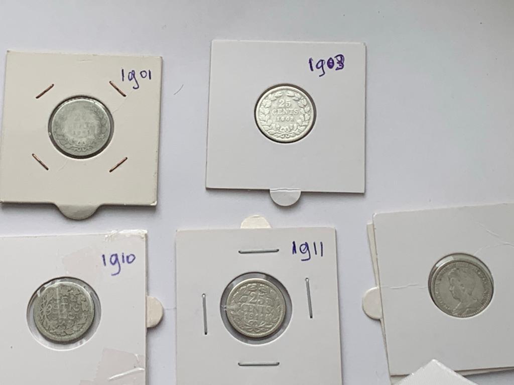 5 zilveren oude kwartjes wilhelmina, Ophalen of Verzenden, Koningin Wilhelmina, 25 cent