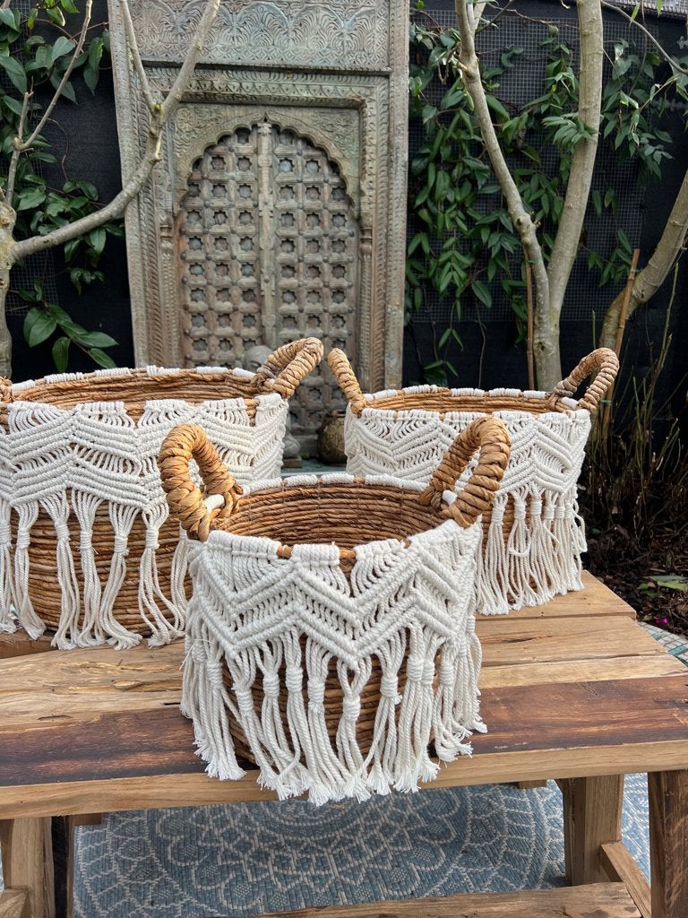 Mand met Macramé uit Bali Indonesie Ibiza Boho inrichting, Verburgt Vintage, Mand, Rond, Nieuw