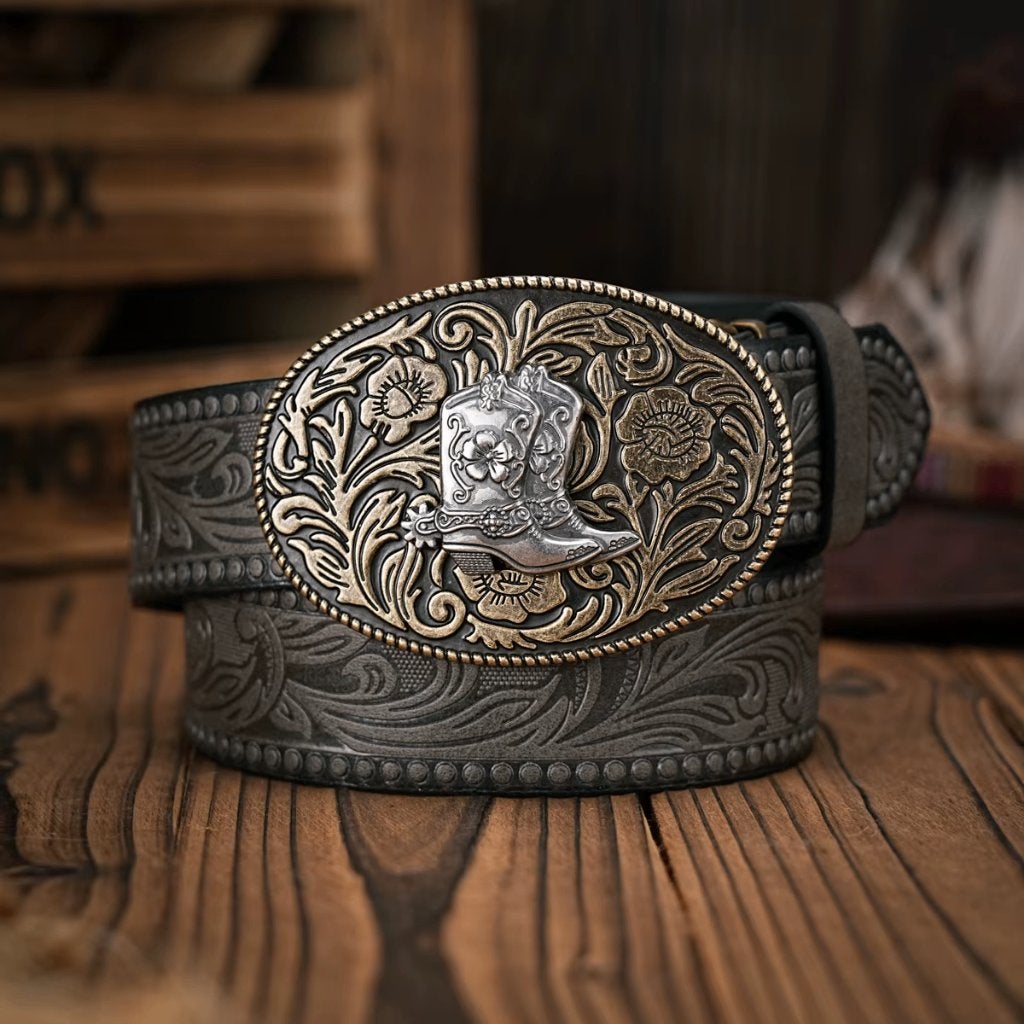 Grijze kunstleren cowboyriem met cowboy laarzen, Overige kleuren, Verzenden, Nieuw, 115 cm of meer
