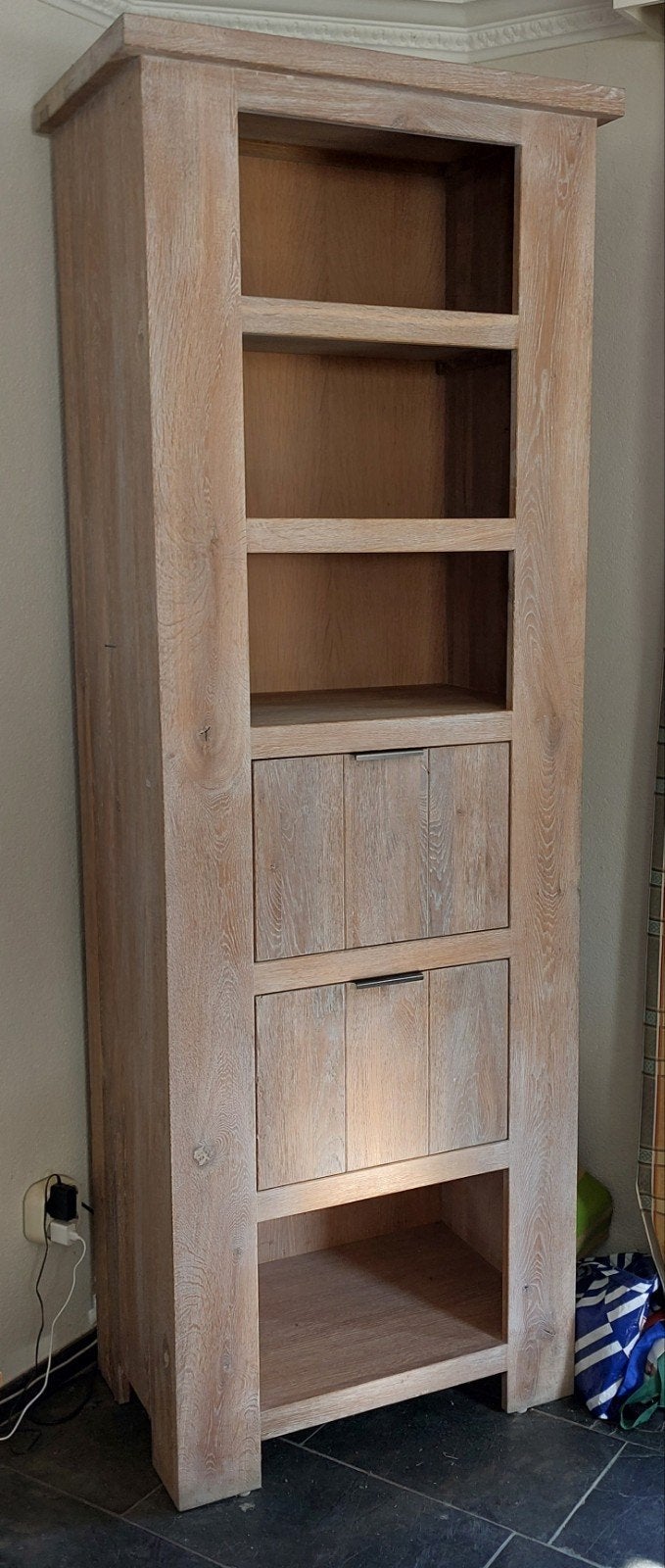 Massief eiken houten boekenkast, White wash, Ophalen, 200 cm of meer, 50 tot 100 cm, Modern Landelijk