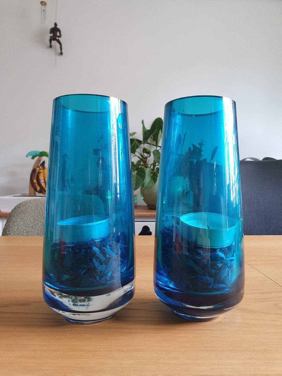 Set van 2 blauwe glazen vazen/windlichten - 24cm hoog, Ophalen, Zo goed als nieuw, Blauw, Glas