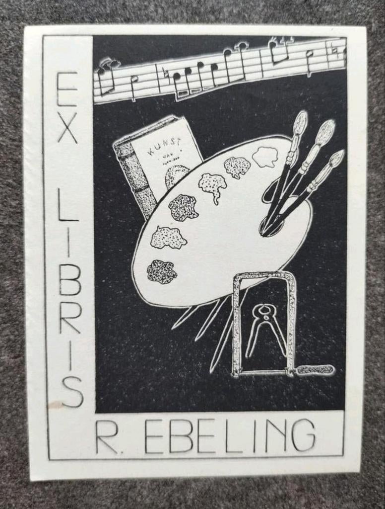 Exlibris R. Ebeling (1944) (muziek, schilderen, gereedschap), 7 cm, 9 cm, Origineel, 1900 - 1949