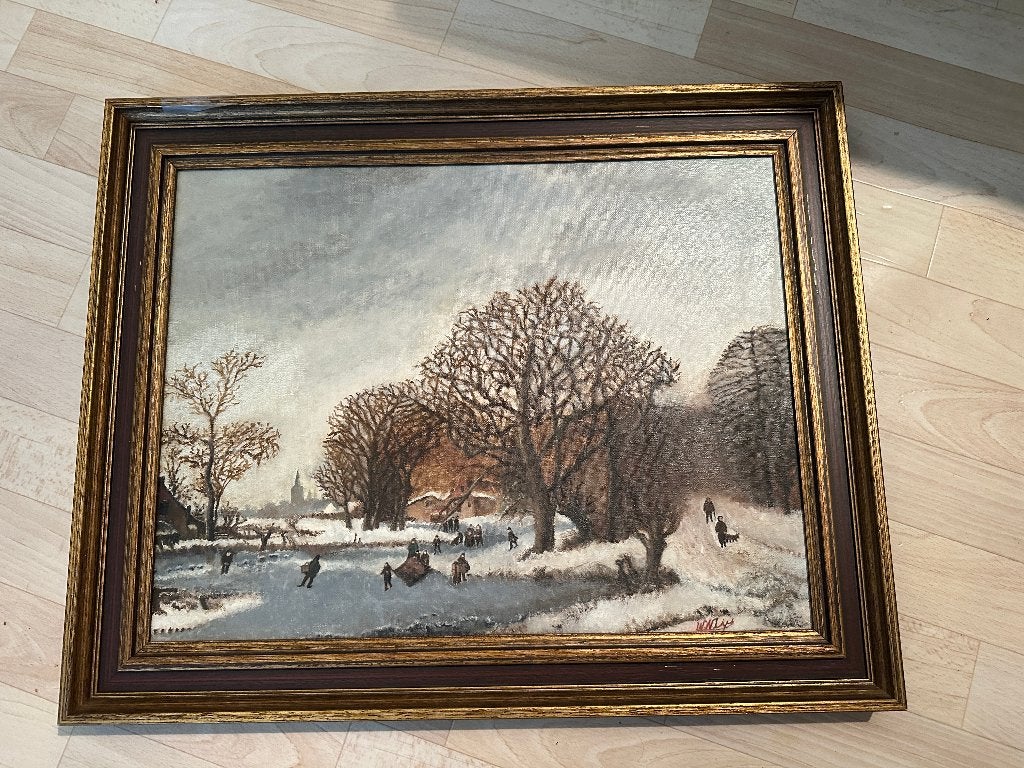 Antiek winterlandschap schilderij, Doek, Ophalen of Verzenden, Landschap, Olieverf