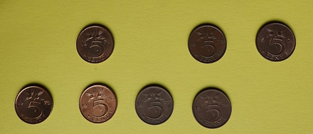 7 stuivers jaren 1970, Postzegels en Munten, Verzenden, Koningin Juliana, 5 cent, Setje