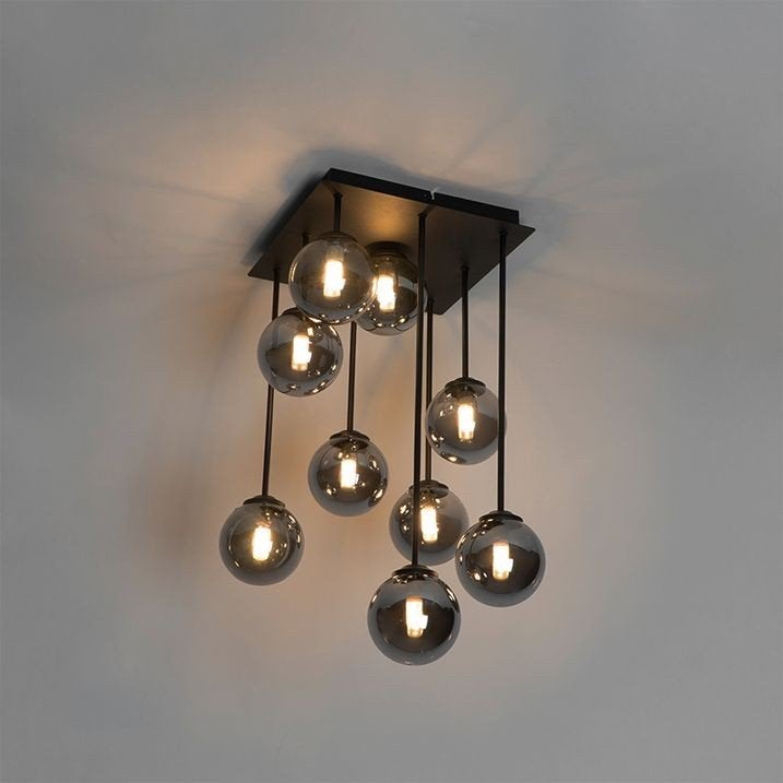 Plafondlamp Qazqa Athens zwart met 9 smoke glazen bollen, Dimbaar, Gebruikt, Qazqa, Modern