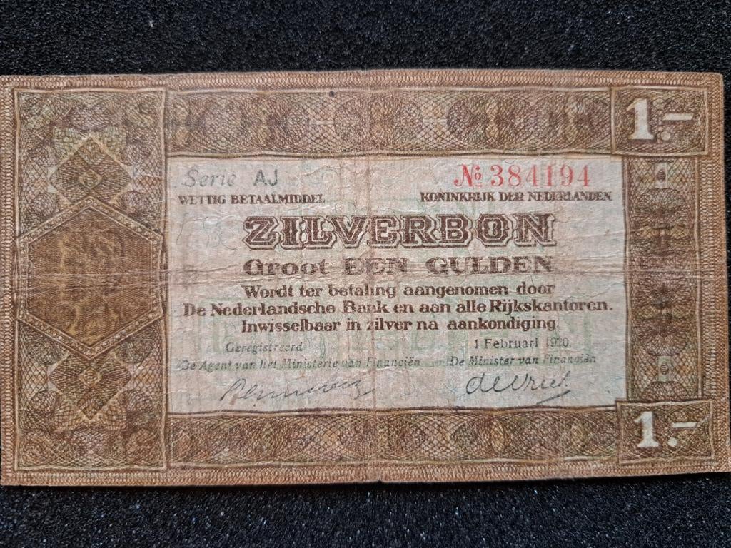Zilverbon Groot Een Gulden 1920 - Serie AJ, Postzegels en Munten, Bankbiljetten | Nederland, Ophalen of Verzenden
