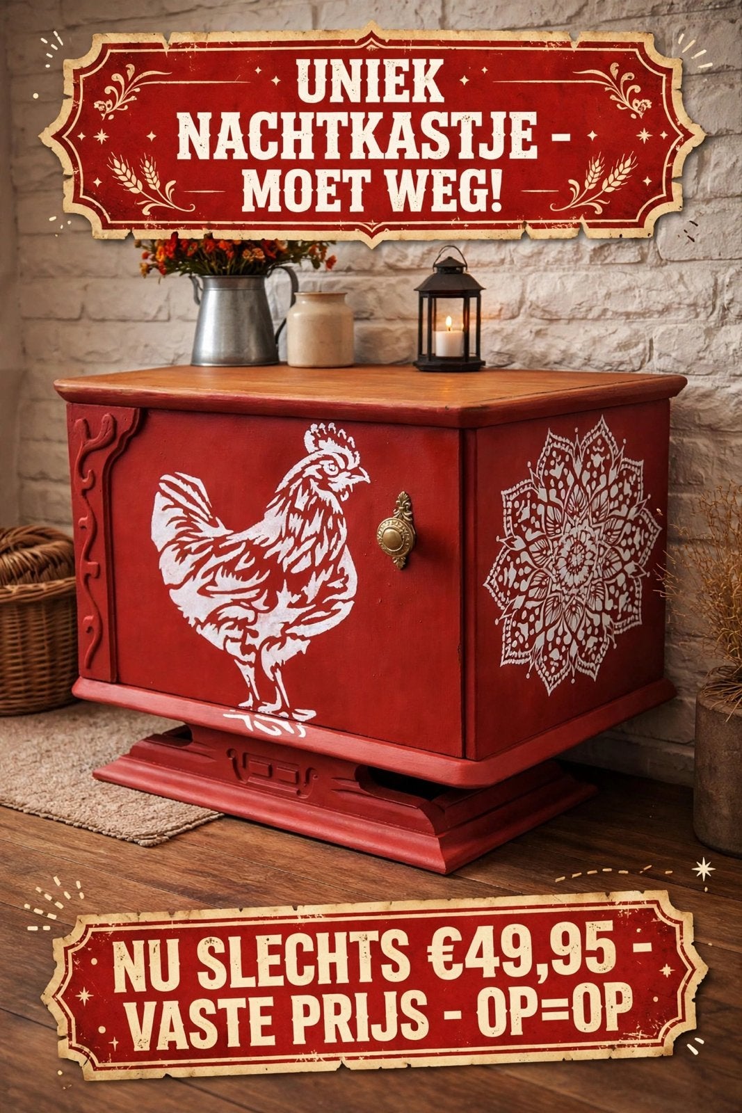 UNIEK NACHTKASTJE - Handbeschilderd met Kip - Brocante Rood, Ophalen, Zo goed als nieuw